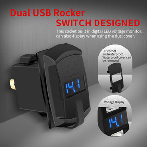 Rocker Switch USB with Voltage Voltmeter Blue/Red
