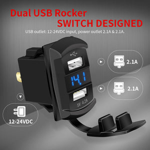 Rocker Switch USB with Voltage Voltmeter Blue/Red